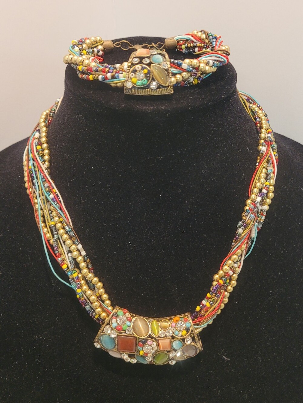 Bohemian Multistrand Necklace Set Brass With Mosaic Inlay Stones